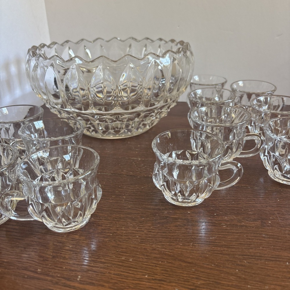 Vintage Set Punch Bowl With 12 Cups Indiana Glass Lotus Blossom Heavy Cut‎
